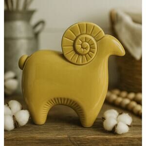 Aries Zodiac Sign Modern Ceramic Ram Figurine in Mustard Chartreuse Pop Art Deco